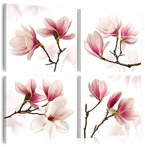 B&D XXL - Leinwand Bilder Set Blumen 40x40 cm 4 Teilig je 20x20 Vlies Leinwandbild Kunstdruck modern Wandbilder Groß XXL Wanddekoration Design Wand Bild mehrteilig Magnolien weiß rosa