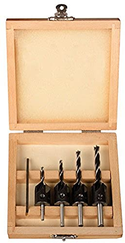 Projahn 33601 WS Aufsteckversenker Satz; robuster Werkzeugstahl; hochwertige Holz Spiralbohrer Ø 3 - 4 - 5 - 6; in praktischem Holzkasten mit Innensechskant Schlüssel; 5-tlg.