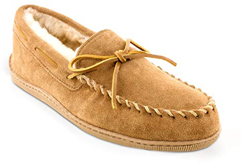 Minnetonka Men's Sheepskin Hardsole Slipper, Tan, 14 M US