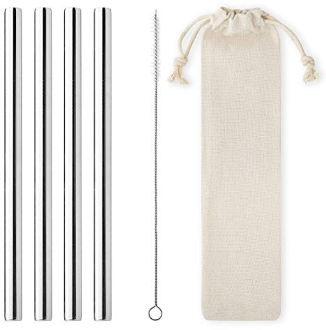 4 Pack of 12mm Wide Eco-Friendly Stainless Steel Straight Metal Straws Set Reusable Silver Drinking Straws for Iced Coffee Tea Bubble Tea Tumbler with Travel Pouch & Cleaning Brush Smoothie Milkshake