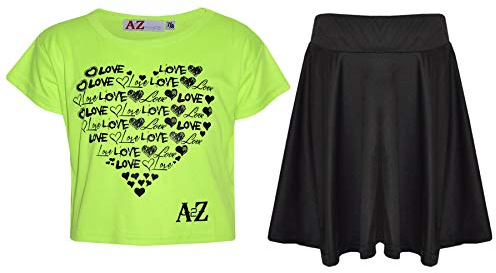 A2Z 4 Kids Girls Love T Shirt Skirt Set Soft Feel - New Crop Top Love Skirt N. Green 9-10