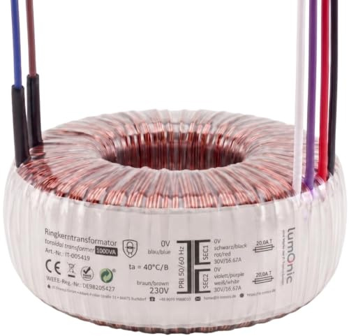 Lumonic trasformatore toroidale 1000VA 2x30V per sistemi audio, industriali, alogeni e a binario - tensione d'ingresso 230V - tensione secondaria 60V - modello RTO-826072