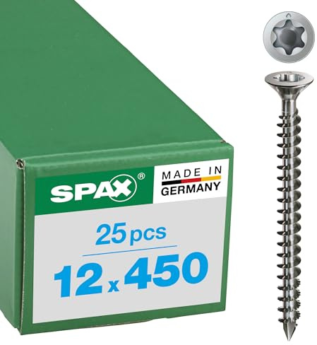 SPAX Holzbauschraube aus Edelstahl rostfrei A4, 12,0 x 450 mm, 25 Stück, T-STAR plus, Senkkopf mit Fräsrippen, Vollgewinde, CUT-Spitze, 1208001204505
