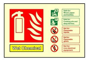 Glow In The Dark Wet Chemical Fire Extinguisher ID Sign 150mm x 100mm - Rigid Plastic