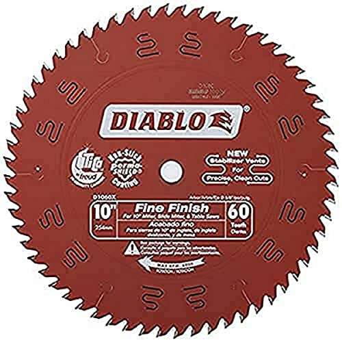 Diablo Fine Finish Saw Blade for Wood - Ultra-Smooth Cuts, 60 Hi-ATB Teeth, 10 Diameter, .098 Kerf, 5/8 Arbor - D1060X