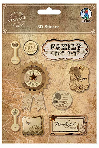 Ursus 40540002 - 3D Sticker Family, Vintage Design, verschiedene Motive in dreidimentionaler Optik, selbstklebend, ideal zum Dekorieren von Karten, Scrapbooking und Geschenken
