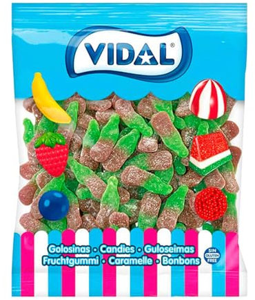Vidal Golosinas. Botellas Cola Azúcar. Caramelo de Goma con Sabor Cola y Cobertura de Azúcar. Sin Gluten. Sin Grasa. Bolsa 1 kg