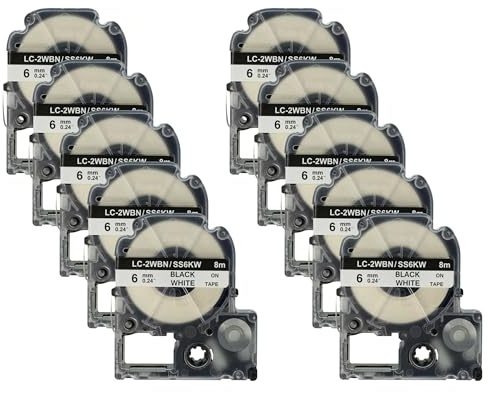 vhbw 10x Schriftband-Kassette kompatibel mit KingJim SR150, SR3700P, SR330, SR300TF, SR180, SR230C Etiketten-Drucker 8m x 6mm Schwarz auf Weiß