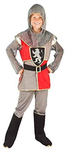 Boland - Kinderkostüm Sir Templeton, Ritter, Mittelalter, Wappen auf der Brust, Kopfhaube, Stiefelstulpen, Karneval, Fasching, Mottoparty, Grau, 110