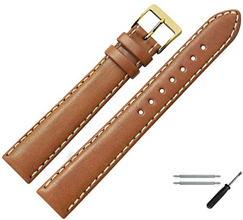 MARBURGER Uhrenarmband 18mm Leder Braun Gold XL Glatt Mit Naht - Montage Set 8021832000220
