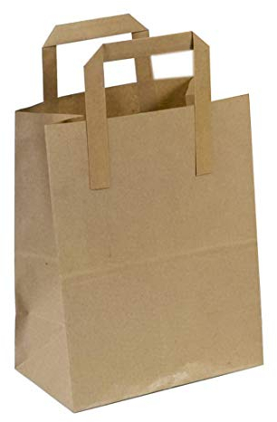 The Paper Bag Company 18 x 23 x 9 cm Paper Carrier Bags with Flat Handles, Pack of 100, Brown