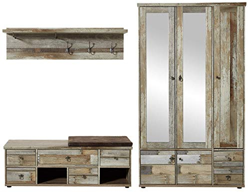 Stella Trading Bonanza Vintage Garderoben Set in Driftwood Optik - Retro Flurgarderobe für Ihren Eingangsbereich - 255 x 188 x 40 cm (B/H/T)