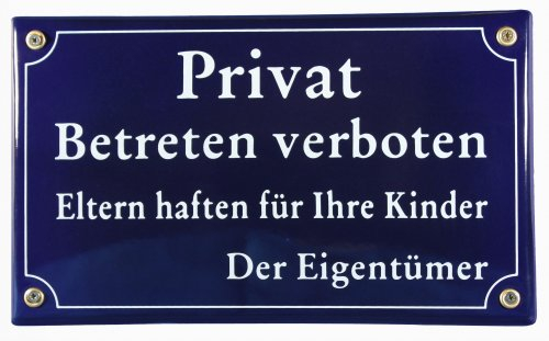 BBV Emaille Schild 25x15 cm Privat Betreten verboten Eltern haften für ihre Kinder wetterfest und lichtecht Emailleschild