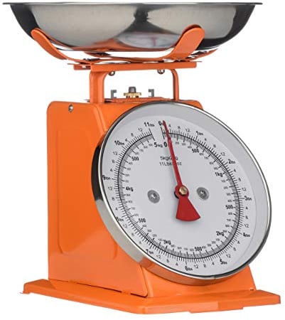 Premier Housewares Retro Kitchen Scales with Bowl Stainless Steel Food Cooking Scales 5kg Food Scales Weighing Kitchen Scale Bowl, Orange, H26 x W22 x D21cm