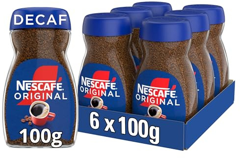 Nescafé Original Decaf Instant Coffee 100g Jar | Multipack of 6 | Full flavour decaf coffee; water-decaffeinated beans; rich aroma; suitable for drinking throughout the day