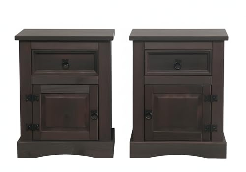 Dynamic24 Hacienda-Look – 2X Nachtschrank New Mexiko Nachttisch Nachtkonsole Schrank kolonial – 53x66x38 cm – 1 Schublade(n) – Massive Kiefer – Farbe Dunkelbraun – Hacienda-Stil – wärmender