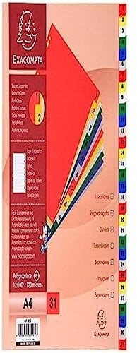 Exacompta - Réf. 93E - Intercalaires en polypropylène avec 31 onglets imprimés numériques de 1 à 31 en couleur - Page d'indexation imprimable - Format à classer A4 - dimensions 22,5 x 29,7 cm