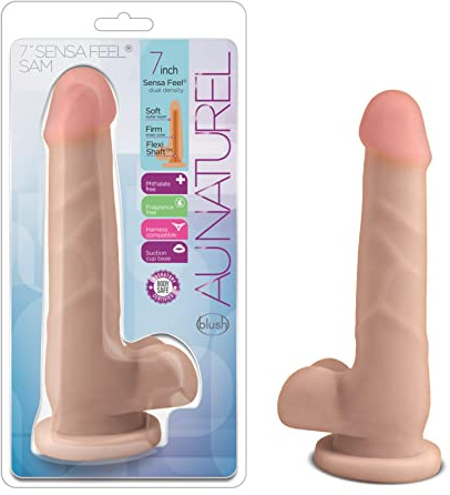 Blush Au Naturel Sam 7.5 Realistic Dildo w/Balls - SensaFeel Dual Density Cock, Suction Cup Base, FlexiShaft Harness Compatible ~ Anal Pegging Lifelike Penis Adult Sex Toy Women Men Couples ~ Beige
