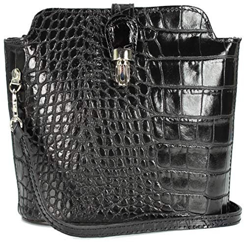 Belli kleine italienische Ledertasche Damen Umhängetasche Handtasche Schultertasche in schwarz lack - 18x20x8 cm (B x H x T)