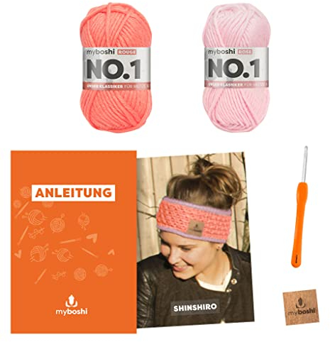 myboshi Häkelset Stirnband Shinshiro, inkl. No.1 Wolle, Nadel und Anleitung, für Mützen und Stirnbänder, Häkelpaket, 30% Merinowolle Rosa, mit Rundstricknadel