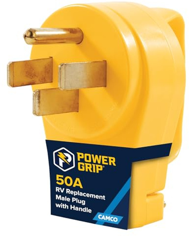 Camco Power Grip Camper/RV Ersatzstecker | Befestigen Sie 50 Amp Stecker an vorhandenem Wohnmobil-Verlängerungskabel | mit 50 Ampere RV-Stecker (NEMA 14–50P) und ergonomischem Griff | bewertet für