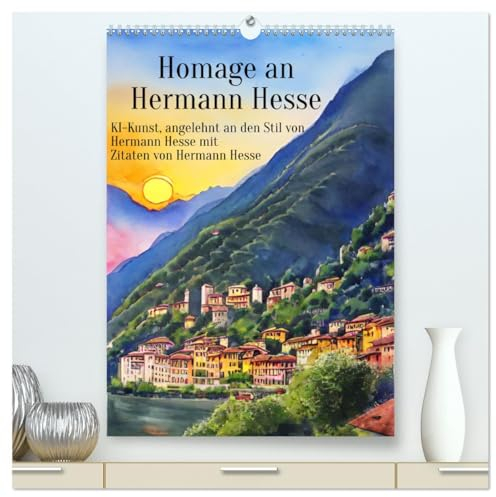 Homage an Hermann Hesse- KI-Kunst angelehnt an den Stil von Hermann Hesse mit Zitaten von Hermann Hesse (hochwertiger Premium Wandkalender 2025 DIN A2 hoch), Kunstdruck in Hochglanz
