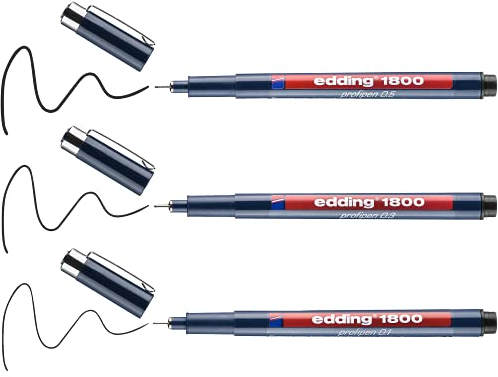 edding 1800 Präzisionsfeinschreiber - schwarz - 3 Stifte - verschiedene Strichbreiten - Fineliner zum präzisen Schreiben und Skizzieren - feine, metallgefasste Spitze - Lineal- und schablonengeeignet, blau