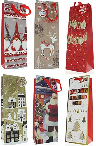 Set of 6 Christmas Wine Bottle Gift Bags with Tags - Contemporary & Traditional Designs