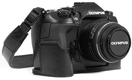 MegaGear MG1086 Ever Ready Leather Camera Half Case Compatible with Olympus OM-D E-M1 Mark III, E-M1 Mark II - Black