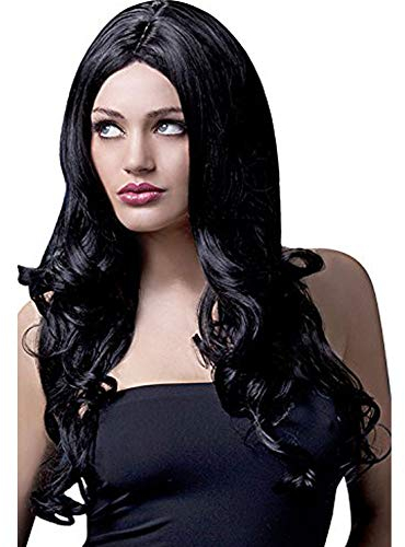 Smiffys Fever Kollektion, Rhianne Perücke, Schwarz, Lange, leicht lockig mit Mittelscheitel, 66cm / 26in