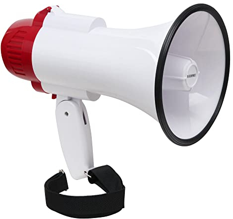 McGrey MP-100RS Megaphon (Sprachrohr, 10 Watt RMS/30 Watt MAX, bis zu 500m Reichweite, Aufnahme/Wiedergabe-Funktion, Sirene, batteriebetrieben) weiß/rot