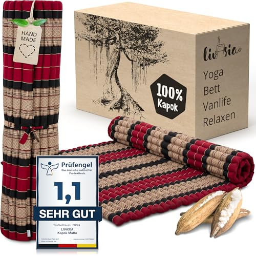 livasia Rollmatte XXL breit Doppelbett - 200x145x4,5cm - Gästebett Gästematratze 2 Personen mit Muster, Reisebett für Kofferraum und outdoor, Thaimatte Kapok Garten und Balkon (Rot/Schwarz)
