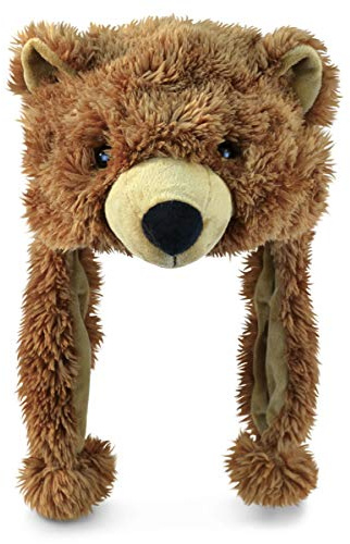 Puzzled Brown Grizzly Bear Hat - Soft Plush Animal Beanie with Ear Flaps, Cozy Fleece, Warm Winter Hat for Kids, Teens, Adults - One Size