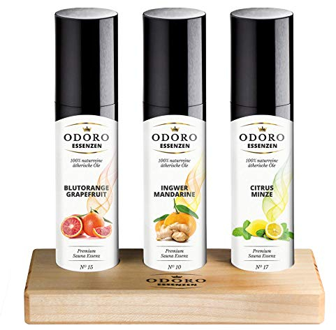 Saunaaufguss Duft Set mit Holz Aufsteller - 100% ätherische Öle – Blutorange, Ingwer Mandarine, Citrus Minze – Premium Aufguss Konzentrat Geschenkset – Natürliches Aufgussmittel