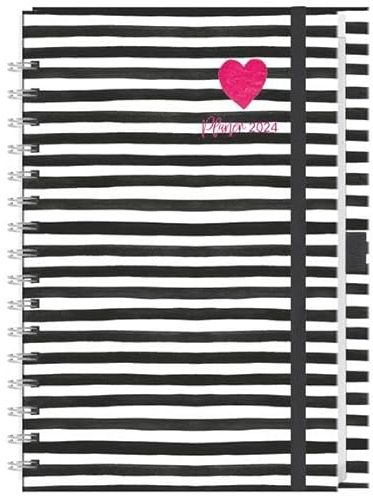 Familienplaner Buch A5 Streifen 2024. Praktischer Buchkalender mit Gummiband und Stiftehalter. Stylischer Familien-Kalender mit 5 Spalten. Terminkalender 2024.