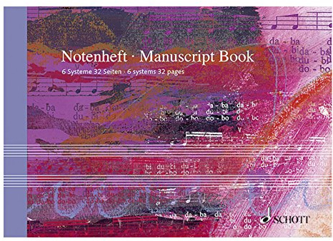 Notenheft Din A5 quer: 32 Seiten, 16 Blatt, 6 Systeme (Schott-Komponisten-Karte)