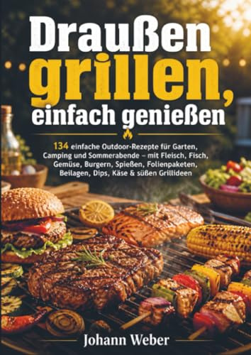 Draußen grillen, einfach genießen: 134 einfache Outdoor-Rezepte für Garten, Camping und Sommerabende – mit Fleisch, Fisch, Gemüse, Burgern, Spießen, Folienpaketen, Beilagen, Dips, Käse