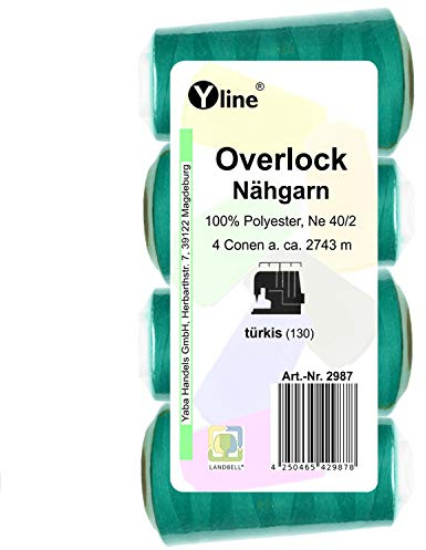 4 Stück Spulen Overlock - Nähgarn, türkis, a. 2743 m, NE 40/2, 100% Polyester, Nähfaden, Nähmaschinen Garn, (0,01 € / 10 m), 2987