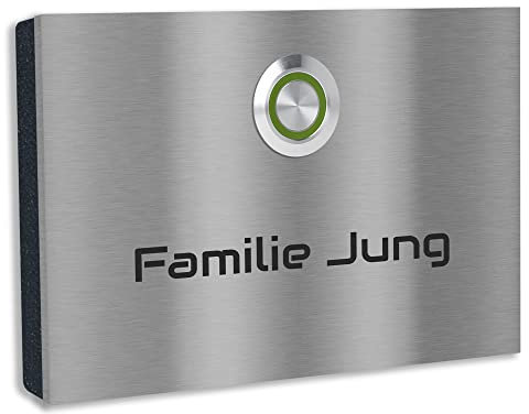 Jung Edelstahl Design Edelstahl Türklingel London 1 Klingelschild mit Gravur. Klingelplatte Aufputz oder Unterputz 12x8 cm. LED Klingeltaster in verschiedenen Farben (grün)