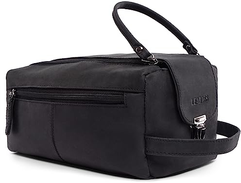 LEABAGS großer Leder Premium Kulturbeutel Damen & Herren I Kulturtasche für Männer & Frauen I Geräumige Kosmetiktasche I Wachtasche I Beauty Case I Waschbeutel I Nature Schwarz