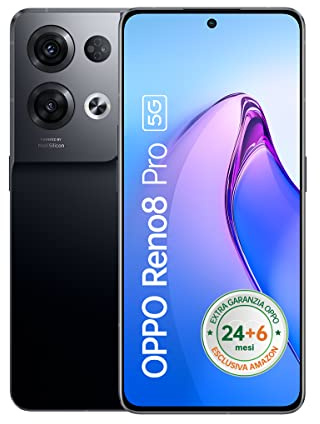 OPPO RENO8 Pro Smartphone 5G, AI Tripla fotocamera 50+8+2MP, Selfie 32MP, Display 6.7” 120HZ AMOLED, 4500mAh, RAM 8GB (Esp. fino 13GB) + ROM 256GB, [Extra Garanzia 24+6Mesi], Colore Glazed Black