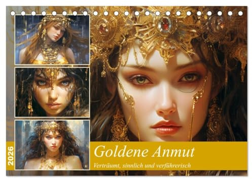 Goldene Anmut. Verträumt, sinnlich und verführerisch (Tischkalender 2026 DIN A5 quer), CALVENDO Monatskalender: Schöne Frauengesichter mit goldenem ... und kunstvollen Verzierungen (CALVENDO Kunst)