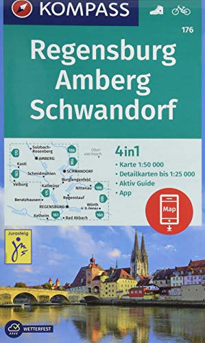 KOMPASS Wanderkarte Regensburg, Amberg, Schwandorf: 4in1 Wanderkarte 1:50000 mit Aktiv Guide und Detailkarten inklusive Karte zur offline Verwendung ... (KOMPASS-Wanderkarten, Band 176)