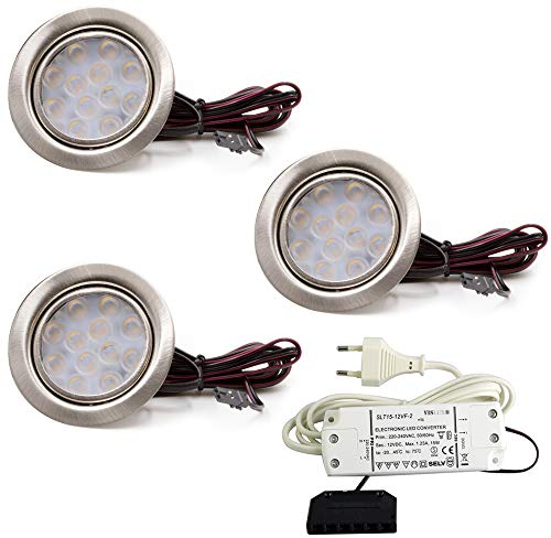 vislux 3er Set LED Möbelleuchte Einbaustrahler Edelstahl Gebürstet flach 3W warmweiß 3200K 200lm 12V + 15W LED Trafo 230V für das Wohnzimmer, Küche und Bad