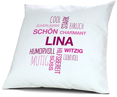 printplanet Kopfkissen mit Namen Lina - Motiv Positive Eigenschaften Tagcloud Pink, 40 cm, 100% Baumwolle, Kuschelkissen, Liebeskissen, Namenskissen, Geschenkidee