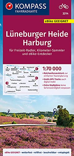 KOMPASS Fahrradkarte 3314 Lüneburger Heide, Harburg 1:70.000: reiß- und wetterfest mit Extra Stadtplänen