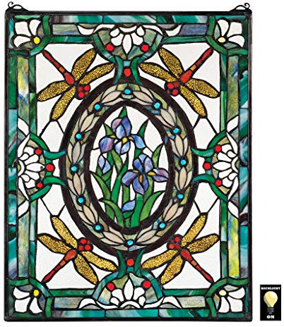 Design Toscano Dragonfly Floral Stained Glass Window Hanging Panel, 63.5 cm, Stained Glass, Full Color