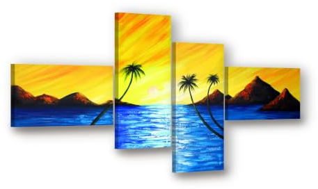 Visario Leinwandbild 4-teilig XXL 160x70 cm 6507 - Palmen am Meer im Sonnenuntergang - Gelber Himmel über blauem Wasser - Wandbild-Set fertig aufgespannt auf Holzrahmen