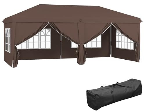 Outsunny 3 x 6 m Pop Up Gazebo with Sides and Windows, Height Adjustable Wedding Camping Party Tent Canopy Marquee with Storage Bag for Garden, Event, Brown