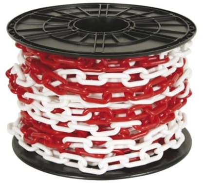 Perel Absperrkette rot weiß 25 m auf Rolle, Sicherheitskette aus Kunststoff für den Innen- und Außenbereich, Markierungskette für Baustelle, Parkzone, Lager, Gelände oder Veranstaltung